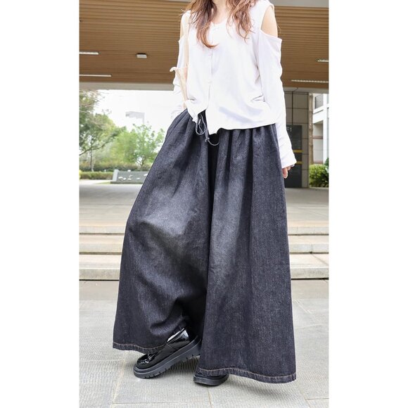 Women Extra Wide Leg Denim Pants Cotton Casual Loose Elastic Waist Pockets - Picture 2 of 6